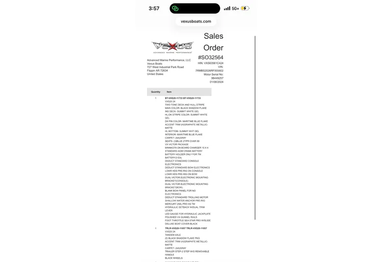 Slide: The Image of Sales order for 2024 Vexus VXs20 boat, detailing specifications and features. - 17