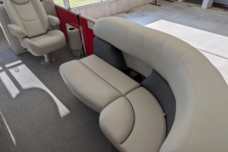 Slide: The Image of Luxurious seating on 2026 Sylvan Mirage 820 CLZ DH pontoon boat, featuring plush upholstery. - 12