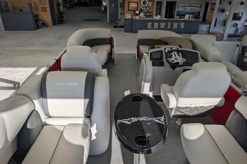 Slide: The Image of Interior view of 2026 Sylvan Mirage 820 CLZ DH pontoon boat with luxurious seating. - 16