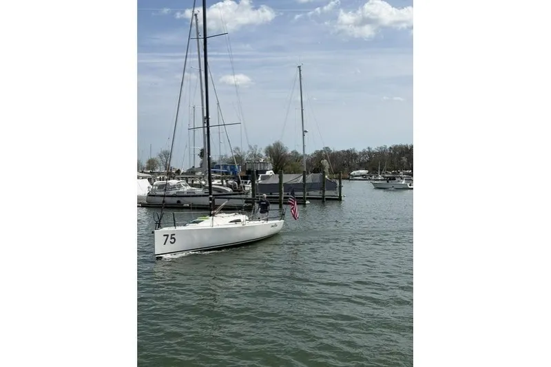 Slide: The Image of 2015 J Boats J/88 sailboat number 75 in a marina setting. - 5