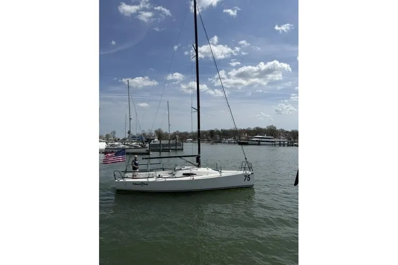 Slide: The Image of 2015 J Boats J/88 sailboat on calm water under a partly cloudy sky. - 7