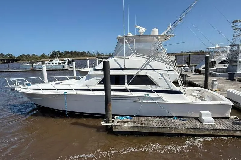 The Image of 1996 Bertram 50 Convertible yacht docked at a marina on a sunny day. - 1