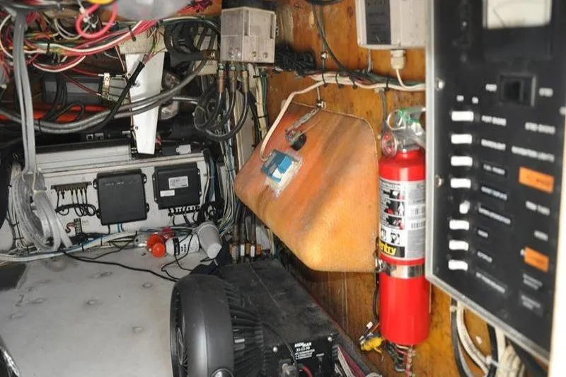 Slide: The Image of Engine room of a 1996 Bertram 50 Convertible with wiring and fire extinguisher. - 34