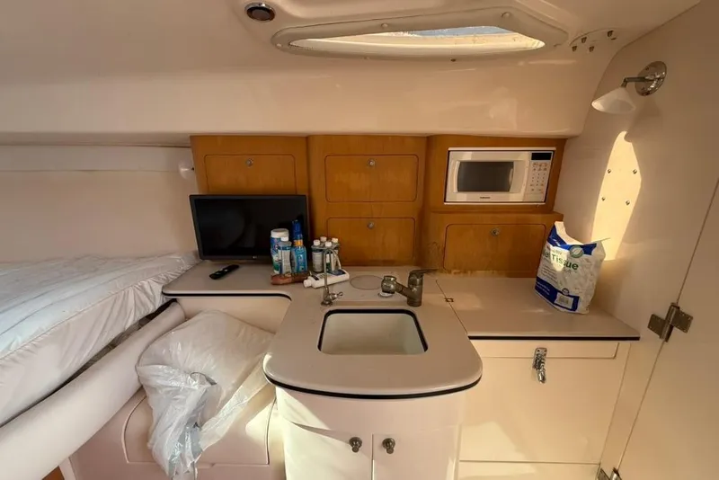Slide: The Image of 2004 Intrepid 377 Walkaround cabin interior with sink, microwave, and storage cabinets. - 16