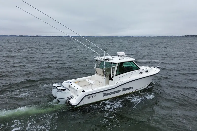 The Image of 2016 Boston Whaler 315 Conquest boat cruising on open water, equipped with Suzuki engines. - 0