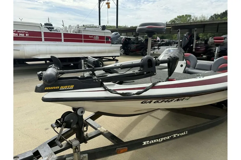 Slide: The Image of 2000 Ranger R81 boat with Minn Kota trolling motor on trailer. - 2