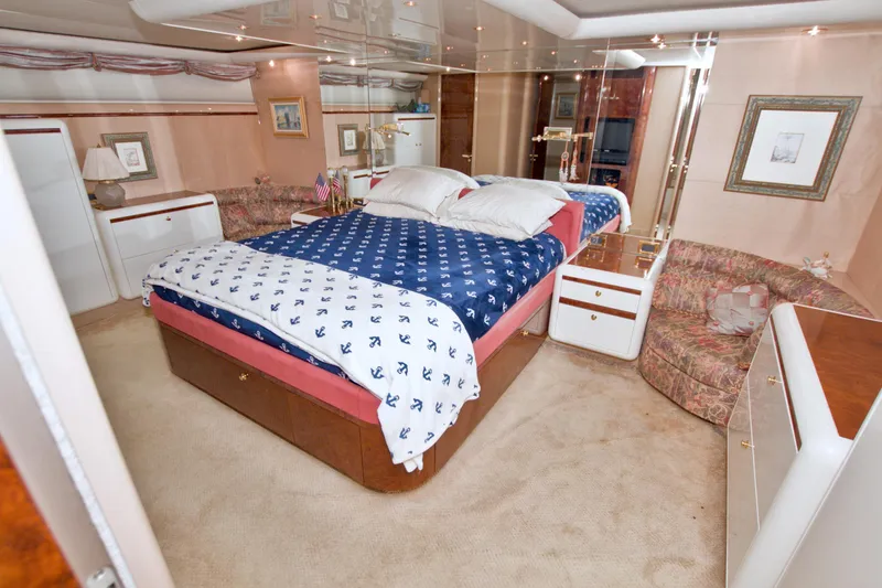Slide: The Image of Luxurious bedroom interior of 1998 Lazzara 76 Skylounge Grand Salon yacht. - 27