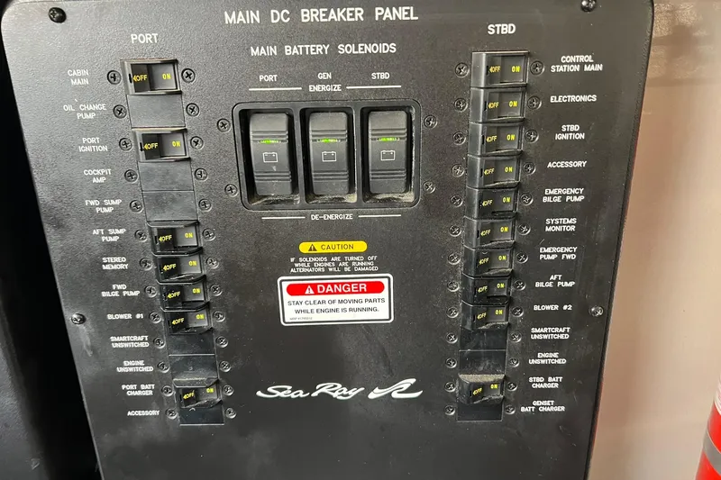 Slide: The Image of Main DC breaker panel of 2005 Sea Ray 390 Sundancer boat. - 59