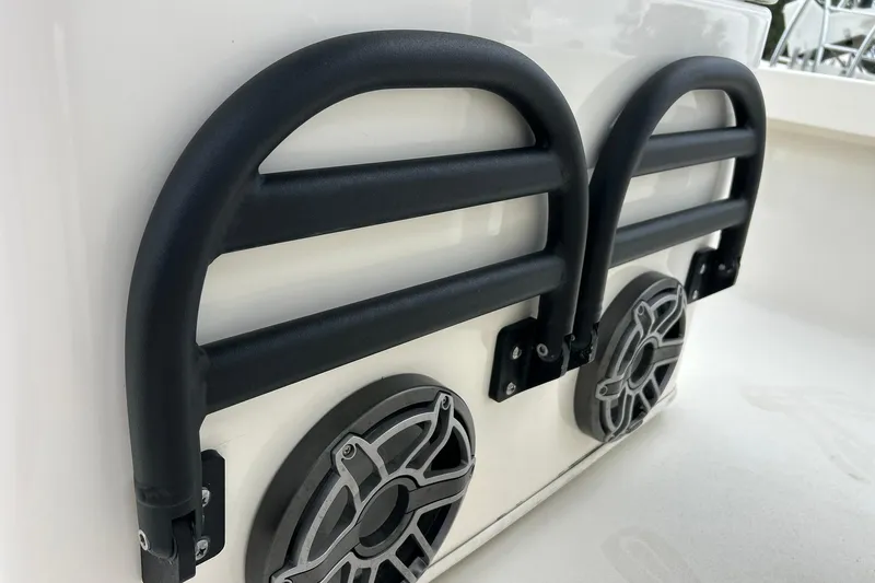 Slide: The Image of 2023 Pathfinder 2600 HPS boat speakers and railings detail. - 19