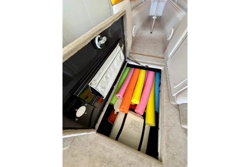 Slide: The Image of Storage compartment in 2006 Crownline 266 BR boat with colorful pool noodles. - 24