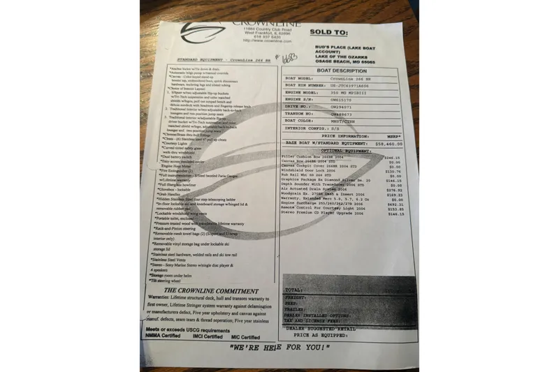 Slide: The Image of 2006 Crownline 266 BR boat description and equipment list on a sales document. - 34