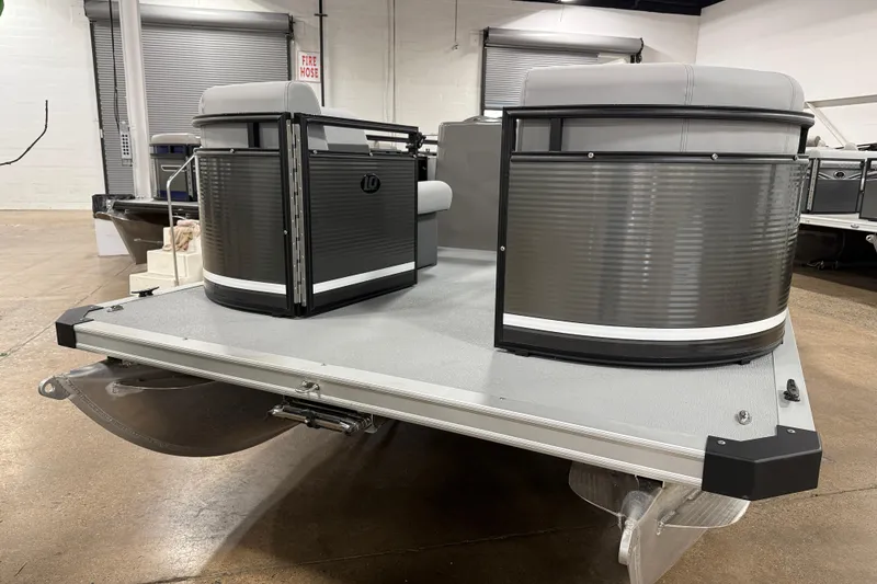 Slide: The Image of 2026 Angler Quest 7515 Leisure Quest Cruise pontoon boat in showroom, showcasing sleek design. - 10