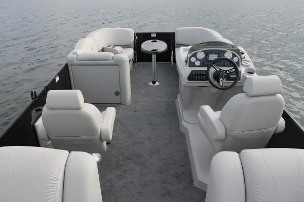 Slide: The Image of Manufacturer Provided Image: 2018 Starcraft SLS 3 pontoon boat interior with plush seating and modern dashboard. - 10