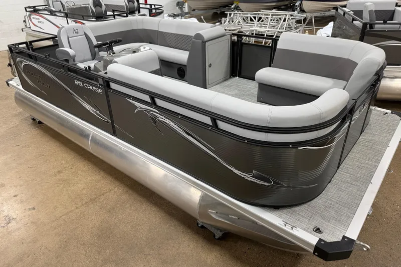 The Image of 2026 Angler Quest 818 Panfish Cruise pontoon boat with gray seating and sleek design. - 1