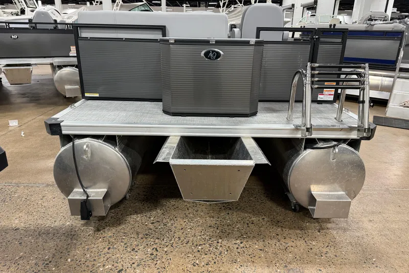 Slide: The Image of 2026 Angler Quest 818 Panfish Cruise pontoon boat, rear view with ladder and seating. - 4