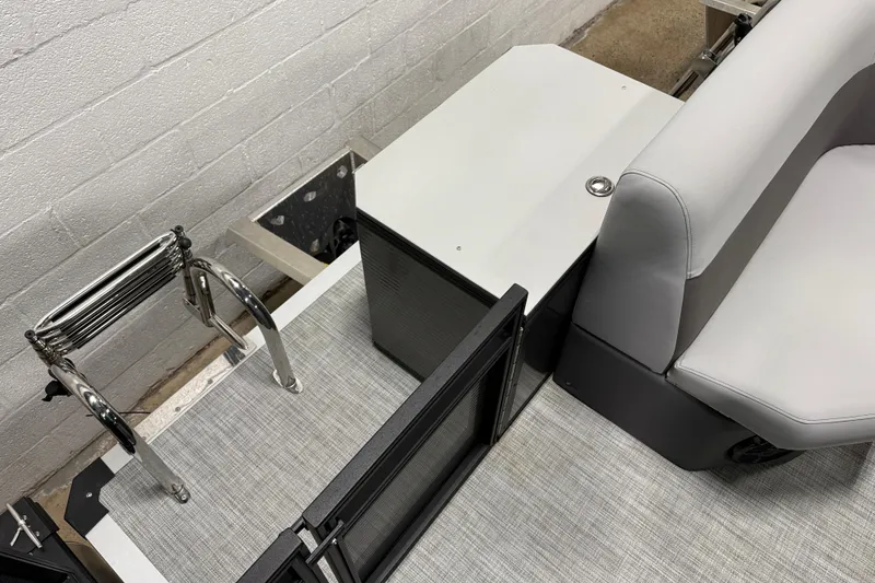 Slide: The Image of 2026 Angler Quest 818 Panfish Cruise boat interior with seating and ladder. - 7