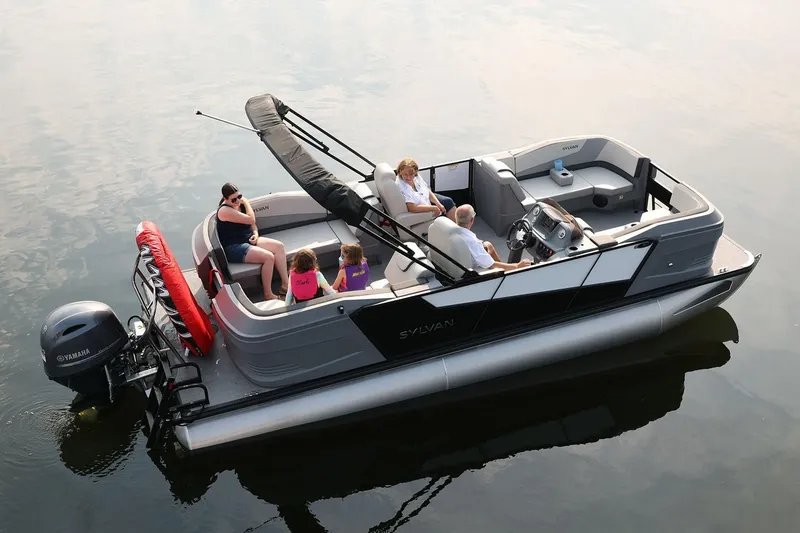 Slide: The Image of Manufacturer Provided Image: 2026 Sylvan A-Series 22 LZ DH Sport pontoon boat on calm water with passengers. - 12