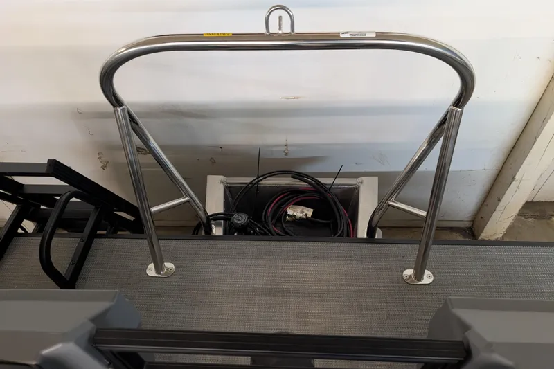 Slide: The Image of 2025 Sylvan A-Series 22 LZ DH Sport boat deck with stainless steel railing. - 8