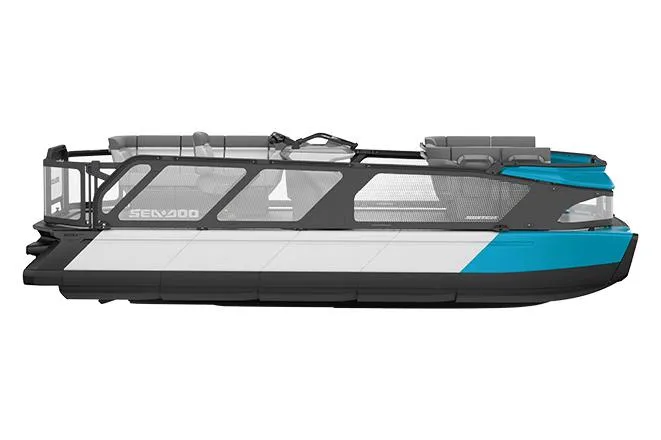 Slide: The Image of Manufacturer Provided Image: 2023 Sea-Doo Switch 19 pontoon boat, side view, blue and white color scheme. - 14