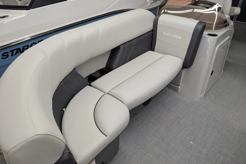 Slide: The Image of Luxurious seating on 2026 Sylvan Mirage 820 Cruise boat, featuring elegant upholstery. - 2