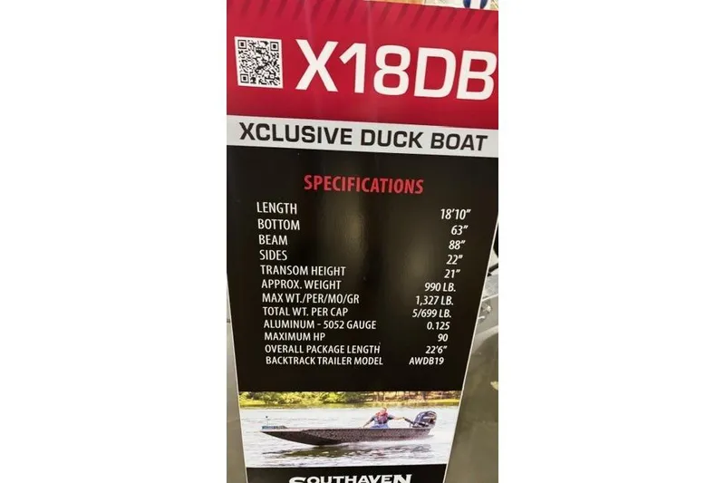 Slide: The Image of 2026 Xpress X18DB Xclusive Duck Boat specifications display with QR code and image. - 10