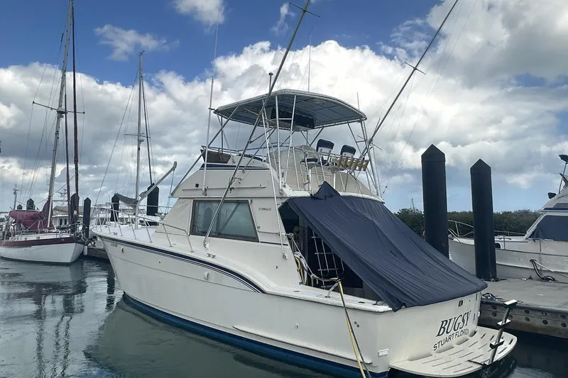 The Image of 1981 Hatteras 43 Convertible yacht docked at marina under cloudy sky. - 0