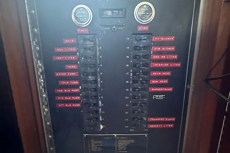 Slide: The Image of Electrical panel of a 1981 Hatteras 43 Convertible boat with labeled switches and gauges. - 21