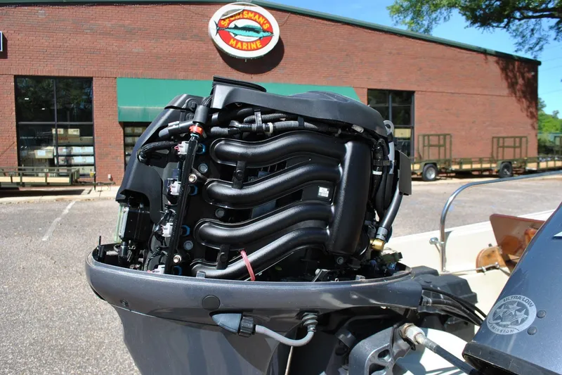 Slide: The Image of 1976 Boston Whaler 15 boat engine displayed outside a marine store. - 21