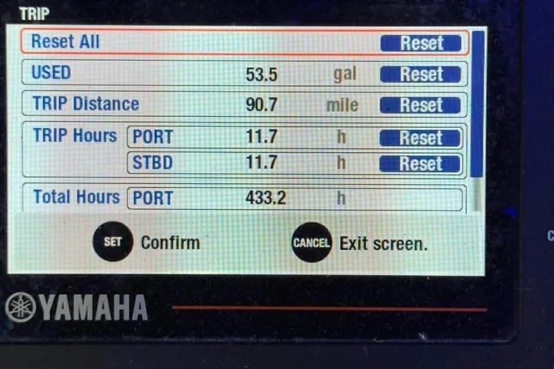 Slide: The Image of Display screen of a 2020 Sea Hunt Gamefish 27 boat showing trip data and fuel usage. - 6