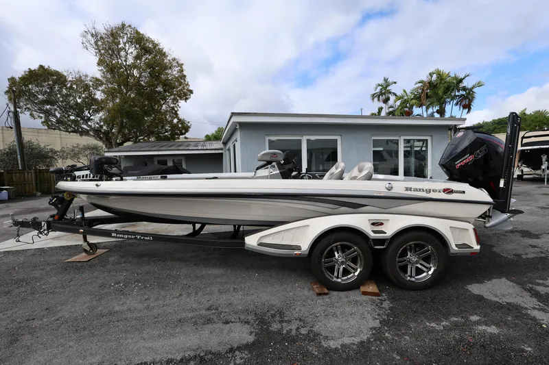 Slide: The Image of 2020 Ranger Z520L boat on trailer, parked outdoors near a building. - 2