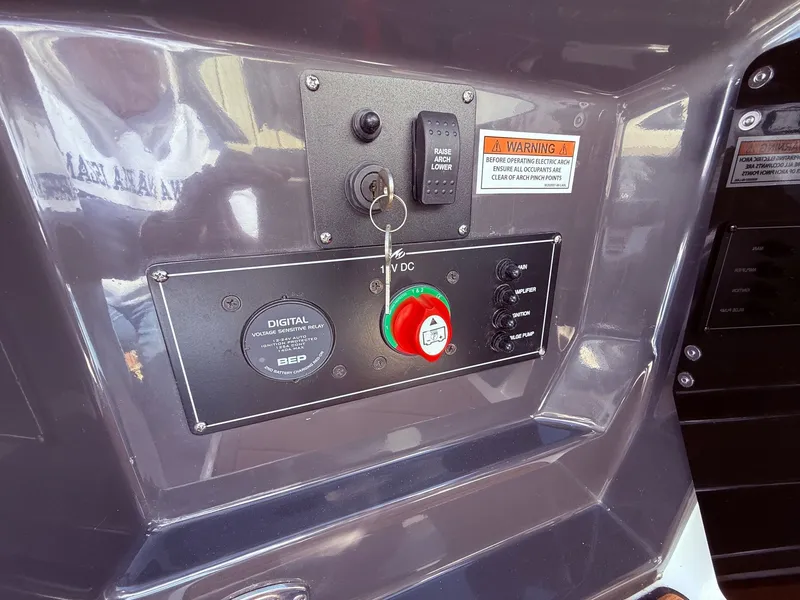 Slide: The Image of Dashboard of 2022 Monterey 278SS Super Sport with switches and warning label. - 41