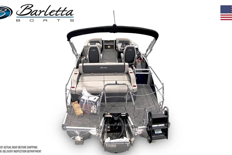 Slide: The Image of 2026 Barletta Cabrio 22UC pontoon boat interior with seating and helm, viewed from the rear. - 2