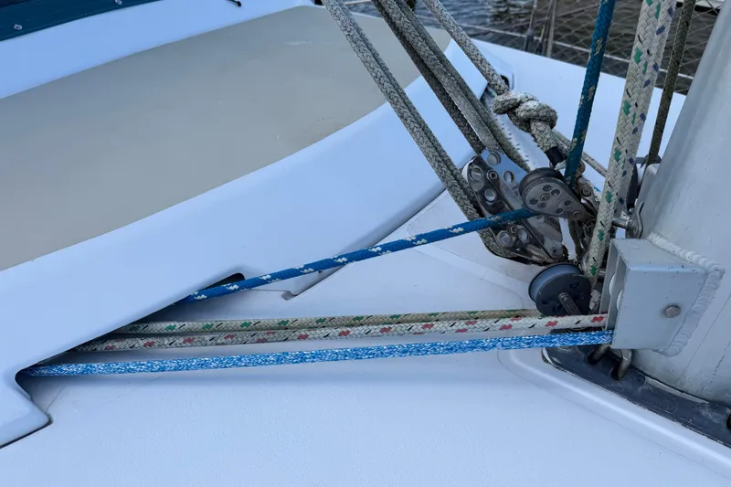Slide: The Image of Close-up of rigging on a 1992 Hunter Passage 42 sailboat deck. - 14
