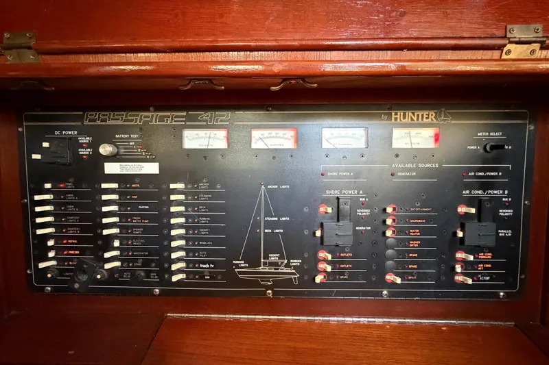 Slide: The Image of Electrical control panel of a 1992 Hunter Passage 42 sailboat, featuring various switches and meters. - 33