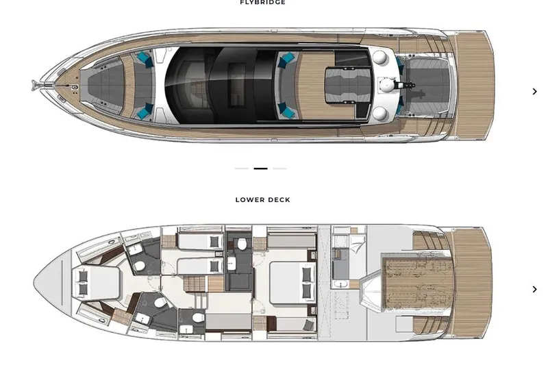 Slide: The Image of 2023 Sunseeker 65 Sport Yacht floor plan showing flybridge and lower deck layouts. - 63