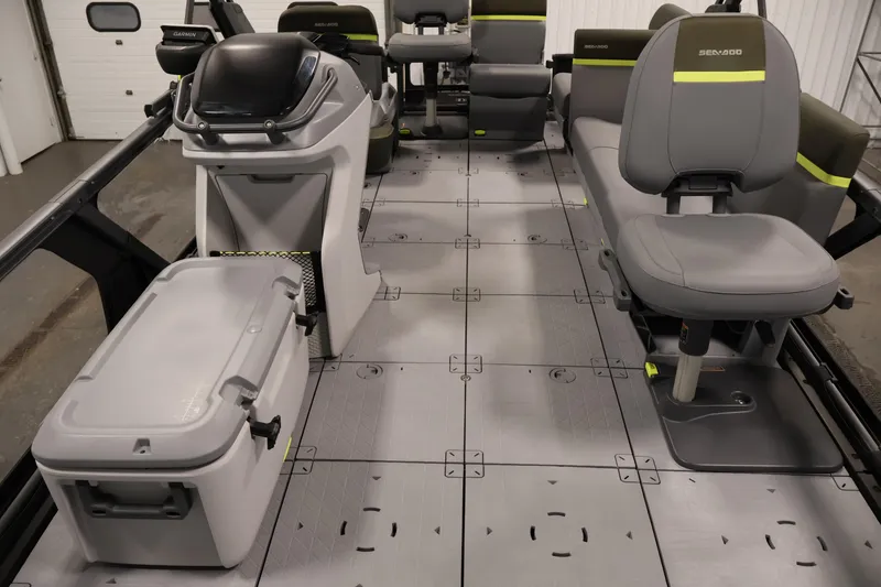 Slide: The Image of 2025 Sea-Doo Switch Fish 21 interior with seating and storage features. - 16