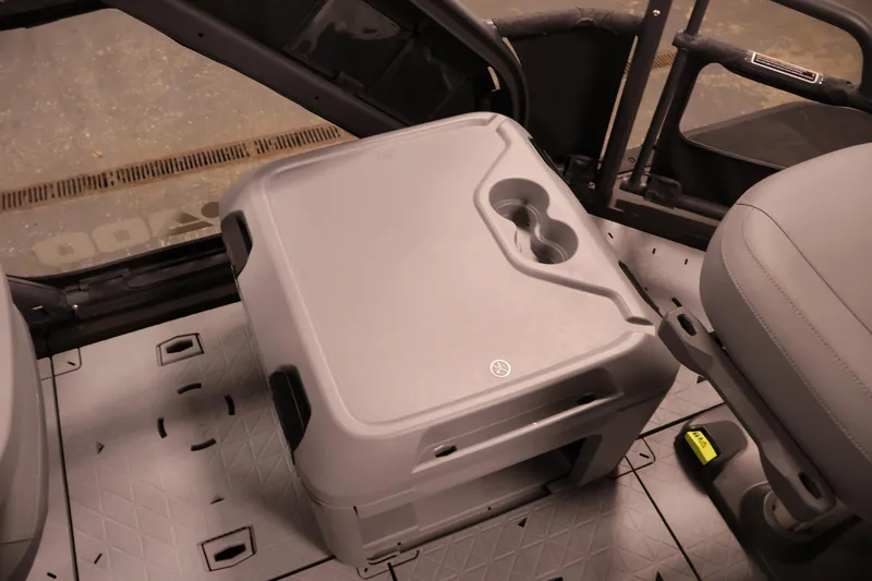 Slide: The Image of 2025 Sea-Doo Switch Fish 21 interior with storage compartment and seating. - 34