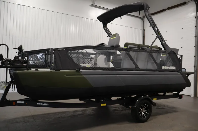Slide: The Image of 2025 Sea-Doo Switch Fish 21 boat indoors. - 8