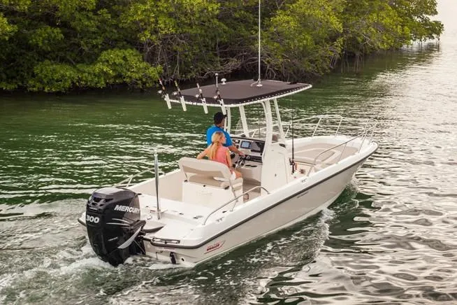 Slide: The Image of Manufacturer Provided Image: 2020 Boston Whaler 240 Dauntless boat cruising on a river with lush greenery. - 7