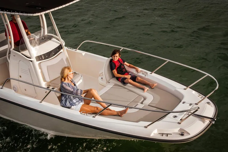 Slide: The Image of Manufacturer Provided Image: 2020 Boston Whaler 240 Dauntless boat cruising with passengers relaxing on deck. - 9