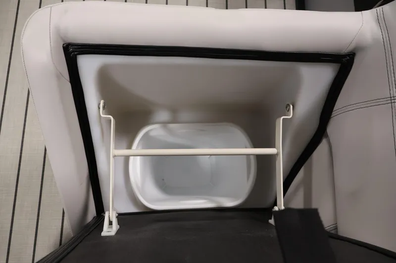 Slide: The Image of 2021 Viaggio Diamante U boat seat storage compartment with white interior and metal support. - 13