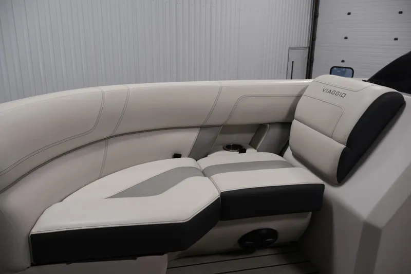 Slide: The Image of Luxurious seating in a 2021 Viaggio Diamante U boat, featuring elegant beige and black upholstery. - 15