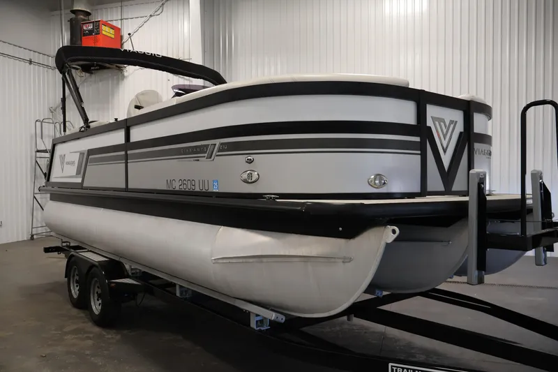 Slide: The Image of 2021 Viaggio Diamante U pontoon boat on trailer in indoor storage. - 3