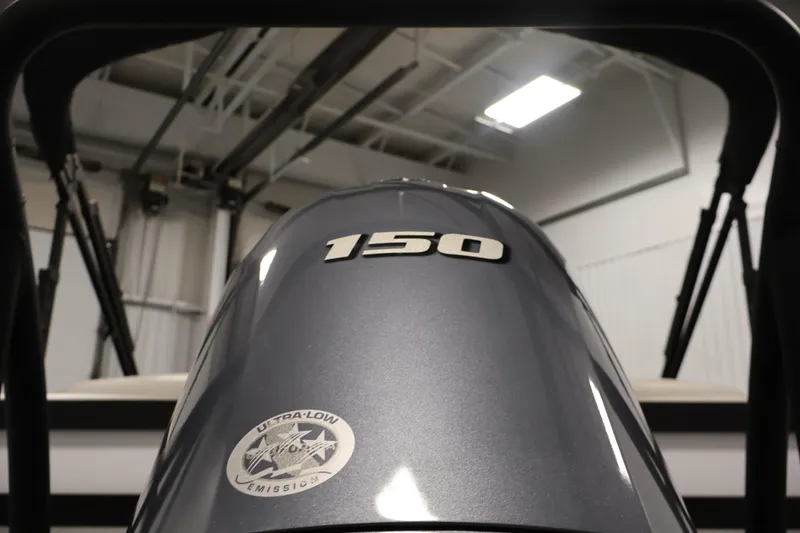 Slide: The Image of Outboard motor with "150" label, ultra-low emission sticker, Viaggio Diamante U 2021 model. - 41