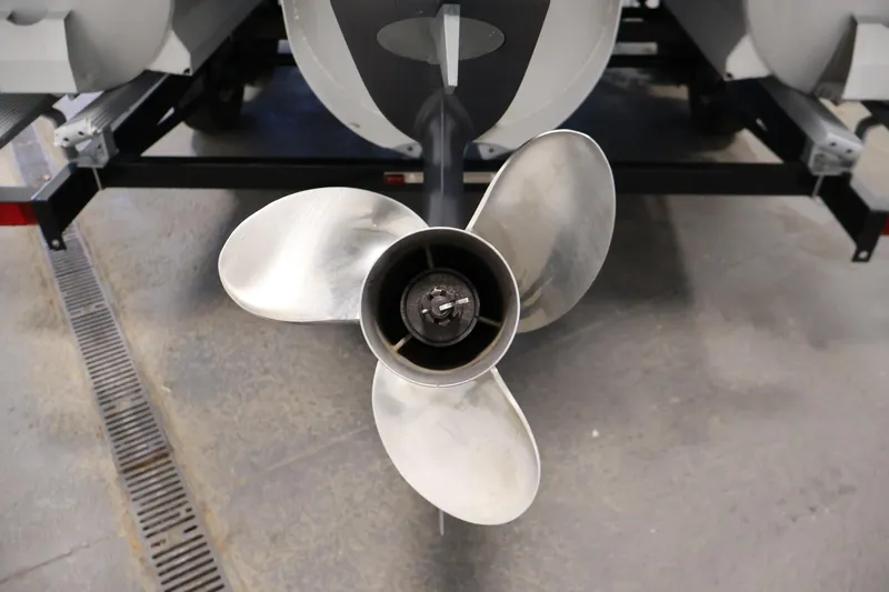 Slide: The Image of Close-up of a Viaggio Diamante U 2021 boat propeller in a garage setting. - 42