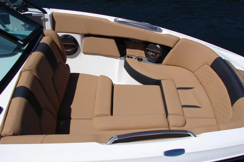 Slide: The Image of Luxurious seating in 2021 MasterCraft X26 boat with tan upholstery and sleek design. - 25