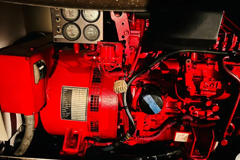 Slide: The Image of Engine compartment of a 1991 Hatteras 70 Cockpit Motor Yacht, featuring red machinery and gauges. - 8