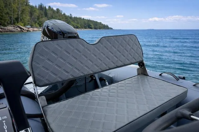 Slide: The Image of Luxury seating on Desner CL 360 FCT boat, 2026 model, with scenic lake view. - 6