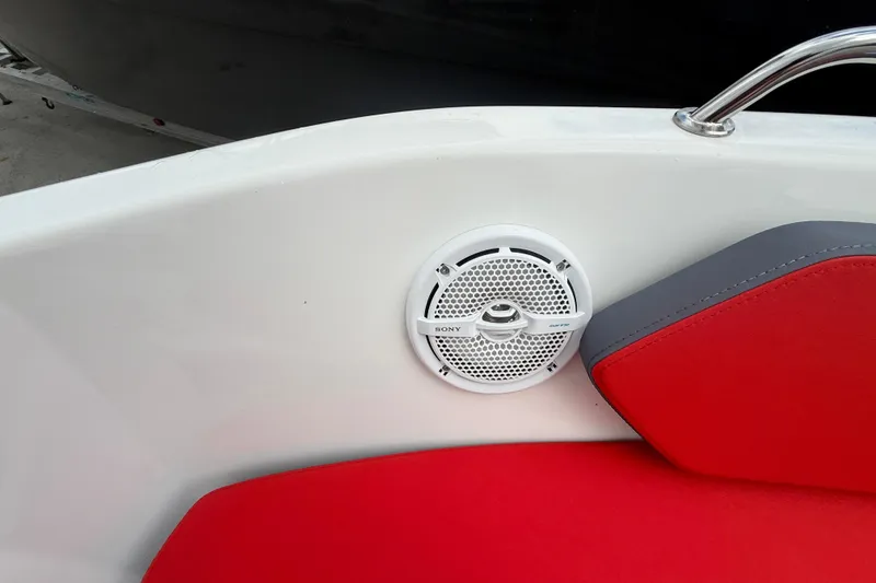 Slide: The Image of Red and gray boat seating with Sony speaker, Custom DW DESIGN 570BR, 2025 model. - 6