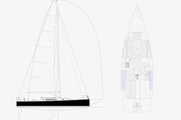 Slide: The Image of Blueprint of 2018 J Boats J/121 sailboat, side and top views. - 18